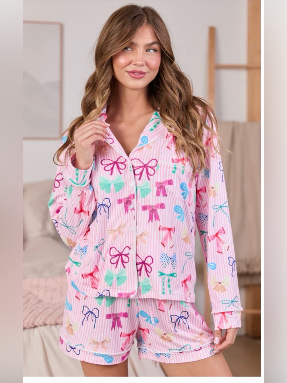 Pink Lily Pink Striped Bow-Print Pajama Set